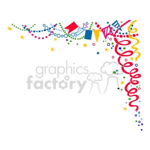 The clipart image depicts colorful party decorations that include streamers, stars, confetti, and pennant flags, indicating a festive or celebratory theme. The vibrant decoration elements are commonly associated with events like Christmas, New Year's, or other festive holidays.