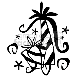The image is a black and white clipart of a stylized Christmas gift or present. The gift is decorated with a ribbon and has a bow on top. Surrounding the gift are various decorative elements such as snowflakes and swirls, which evoke a festive, holiday vibe typically associated with the winter season.
