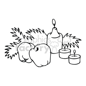 The clipart image depicts a collection of candles of varying heights and shapes, some of which are lit and some unlit, with a few sprigs of what appears to be pine or fir branches suggestive of festive greenery typically associated with winter holidays like Christmas.