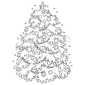 This clipart image features a decorated Christmas tree. The tree is adorned with stars, beads or garlands, and various ornaments. It has a classic star topper and the image is in a black and white outline style, suitable for coloring or simple graphic representation.