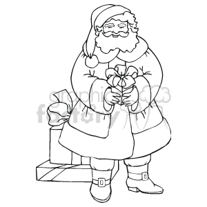 This clipart image features a depiction of Santa Claus in his iconic attire, with a full beard and a jolly expression. He is standing with one hand holding a small wrapped gift and there appear to be additional gifts at his feet. This represents the traditional character known for delivering gifts to children around the world on Christmas Eve.