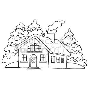 The clipart image depicts a winter scene with a cozy cottage-style house surrounded by snow-covered pine trees. Smoke is rising from the chimney of the house, suggesting warmth inside. The house features a prominent front window, a curved doorway, and two side windows, and it's all outlined, resembling a coloring book style.