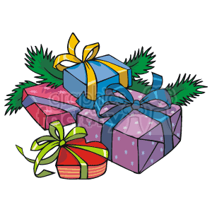 The clipart image features a collection of colorfully wrapped gift boxes adorned with ribbons. The presents vary in size and color and are accompanied by evergreen branches, suggesting a festive Christmas theme.