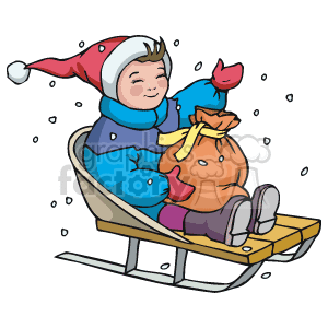The clipart image features a child wearing winter clothing with a Santa hat, happily riding a sled. The child is holding a bag, possibly full of gifts, and there's a bell on the bag. It's snowing, implying that the scene takes place during winter and likely the holiday season.