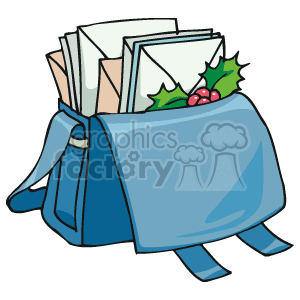 The clipart image depicts a collection of envelopes bundled together with a blue ribbon, and there's a sprig of holly with red berries visible among the envelopes, signaling that these are likely Christmas or holiday cards.