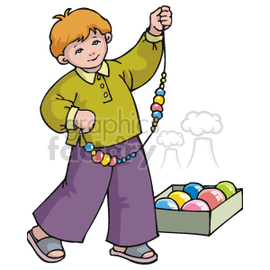 The image features a cartoon of a young child holding a string of colorful Christmas ornaments. The child is dressed in casual clothing and seems to be in the midst of decorating, standing next to a box with additional ornaments. The image conveys a festive holiday spirit, representing a child's involvement in Christmas decoration activities.