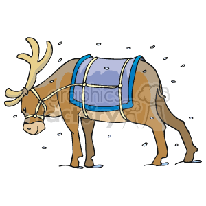 The clipart image depicts a brown reindeer with a harness and saddle, ready for winter. There are snowflakes falling around it, which adds a festive holiday feel to the image, suggesting a Christmas or winter theme.