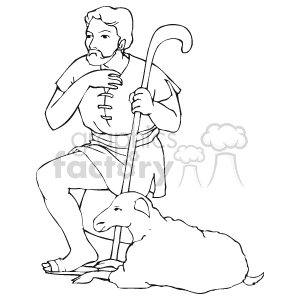 This clipart image depicts a shepherd with a sheep, commonly associated with nativity scenes during the Christmas holidays. The shepherd is seated and appears to be holding a shepherd's crook, with the sheep resting beside him.