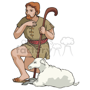 The clipart image depicts a traditional nativity scene character, a shepherd, with a sheep. The shepherd is shown sitting with a staff in hand, and the sheep is resting peacefully beside him. This image is commonly associated with Christmas holiday themes, representing the shepherds who visited the infant Jesus according to the Nativity story.