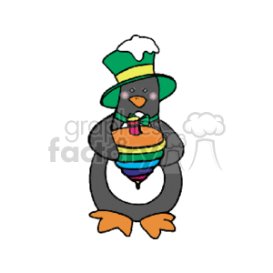 The clipart image depicts a cartoon penguin dressed in holiday attire. The penguin is wearing a festive green top hat and holding a colorful spinning top, which is likely a toy. The bird seems to be in a cheerful mood, suggesting a holiday or Christmas theme.