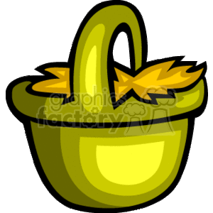 The clipart image depicts a stylized Easter basket. The basket is in shades of yellow and green and has a decorative bow on its handle, giving it a festive and cheerful appearance.