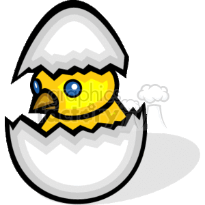 The image shows a cute yellow chick partially hatched from a white eggshell. The chick is cartoon-styled, with the head and upper body visible, peeking out of the broken egg.
