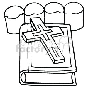 The clipart image features a religious theme closely associated with Easter, depicting three rounded objects that resemble bread loaves along the back, a closed Bible or prayer book in the center, and a Christian cross laying on top of the book. The entire image is in an outline style, suggesting it could be used for coloring activities or as a simple graphic.