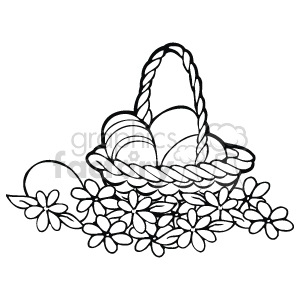 This clipart image features a collection of decorated Easter eggs nestled within a woven basket with a handle. The basket sits atop a bed of flowers, likely representing a spring setting. The image is designed in a black and white outline style suitable for a coloring page activity.