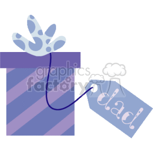 The clipart image features a gift box with a lid slightly offset. The box has a blue and purple striped design, with a bow design element on the top of the box. There's a tag attached to the box with a string, and the tag has the word 