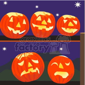 The clipart image depicts five carved pumpkins, commonly known as jack-o'-lanterns, with a night sky filled with stars in the background. There are varying facial expressions carved on each pumpkin, which is a typical festive representation of Halloween.