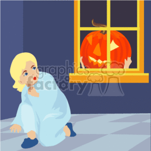 This clipart image features a child looking scared or surprised while sitting on the ground at night. The child is gazing towards a glowing jack-o'-lantern sitting on the windowsill that is visible through a window. The pumpkin has a menacing face carved into it, which is typical for Halloween decorations. You can see hands alongside the pumpkin, which suggests its being held up by another child to scare the other. 