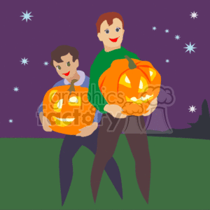 In the image, there are two cartoon figures, possibly representing people, each holding a carved pumpkin with a smiling face, indicative of Halloween jack-o'-lanterns. They are standing on what appears to be grass with a purple night sky in the background dotted with white stars. 
