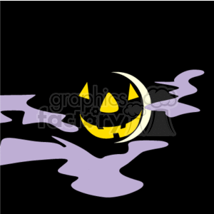 The clipart image shows a stylized Halloween scene featuring a jack-o'-lantern with a sinister grin. The pumpkin appears to be superimposed over a full moon, with wispy clouds in the foreground against a dark background, creating a spooky nighttime effect common in Halloween-themed imagery.