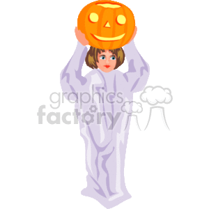 The clipart image shows a person wearing a ghost costume. The costume is a flowing, white outfit with wavy lines to simulate the appearance of ethereal movement or folds. The person is holding a carved pumpkin, traditionally known as a jack-o'-lantern, above their head. The pumpkin is orange with cutout features including eyes, a nose, and a smiling mouth that are typically associated with Halloween decorations.