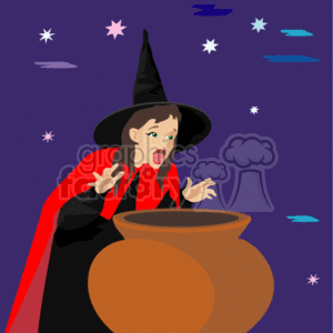 The clipart image depicts a classic Halloween scene with a witch. The witch is wearing a black dress with a red cape and a black pointed hat, which are traditional attire for a witch. She is shown with a surprised or possibly chanting expression, standing beside a large cauldron that seems to be sitting on top of what might be a fire or simply hovering. The background is a dark purple, with stars and other small, symbols or sparks scattered throughout, giving a feeling of a night sky and magic in the air.