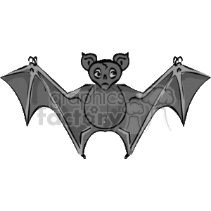 This clipart image features a cartoon-style bat with outstretched wings. It has large ears, round eyes, and its body is depicted in a stylized manner with highlights and shadows to give it a three-dimensional appearance.