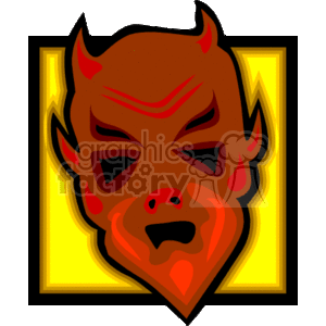 The image is a stylized representation of a devil's face, commonly associated with Halloween themes. The face is characterized by red skin, pointed ears, prominent eyebrows, and horns. The background appears to be a yellowish glow that highlights the devilish features, adding to the eerie Halloween aesthetic.