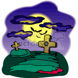 The clipart image depicts a Halloween-themed scene with two graves marked by crosses in the foreground situated on a grassy ground. There's a full moon in the background, casting a yellow glow, and clouds are spread across the sky. Silhouetted against the moon are three flying bats.
