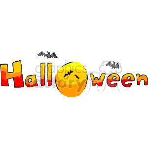 The clipart image depicts the word Halloween in a stylized, colorful font with a spooky theme. Behind the letters, there is a large yellow full moon, and there are several black bats of various sizes flying around, with two bats in the foreground and a smaller one silhouetted against the moon.