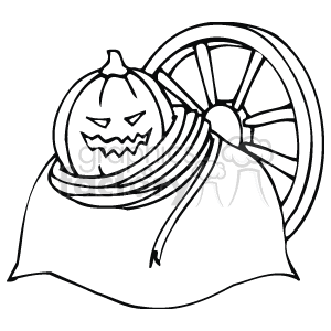 The clipart image shows a carved Halloween pumpkin with a jagged, toothy grin. Behind the pumpkin is what appears to be a wagon wheel, suggesting an old-fashioned or rural setting. The pumpkin is placed on a surface or is wrapped partially by a cloth that could resemble a shawl or a blanket, adding to the cozy, autumnal theme traditionally associated with Halloween.