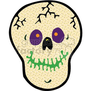 The image is a clipart illustration of a stylized skull. It has a beige speckled background with cracks on the top, purple eye sockets with bright orange circles, a black triangular nose, and green stitches for the mouth. The skull is outlined in black and has a playful, cartoonish look that's associated with Halloween-themed designs.