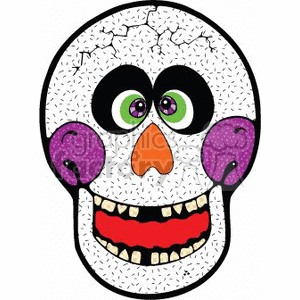 The image is a cartoon-style depiction of a smiling skull. The skull is white with visible crack patterns, and it has exaggerated features: large, round green eyes with eyelids, an orange triangular nose, and a wide red smile showing teeth. The skull has a playful and friendly appearance rather than a scary one, making it suitable for a festive Halloween theme.