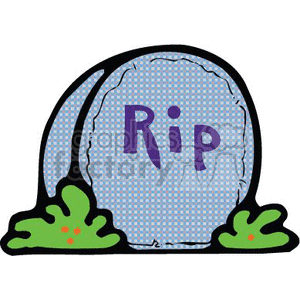The image shows a stylized cartoon of a Halloween-theme tombstone with the acronym RIP written on it, which stands for Rest In Peace. The tombstone is gray with a blue checkered pattern and it's surrounded by green grass at the base with little red dots that could represent flowers or other decorative elements.
