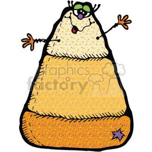 The clipart image depicts an anthropomorphic candy corn character celebrating Halloween. The candy corn has a cartoonish face with an expression of joy, its hands outstretched, and it appears to have a playful or mischievous demeanor. 