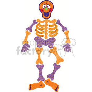 This clipart image features a stylized human skeleton with a cartoonish design. It has a friendly or goofy looking skull with eyes and a smiling mouth, and the bones are decorated with purple spots and patterns. The skeleton appears to be in a standing position with its arms and legs slightly spread apart. It portrays a playful representation typically associated with Halloween themes. 