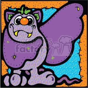 This clipart image features a comical, cartoon-style representation of a bat, with particular elements suggestive of Halloween. The bat has a mischievous and friendly appearance, with oversized eyes and a charming smile, characterizing it more cute than scary. Its wings are open, displaying a vibrant purple color with little stars and dots that add to its enchanting design. 