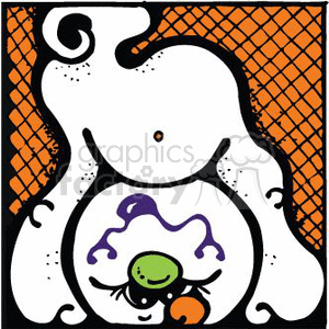 This clipart image features an upside-down ghost with a humorous expression. The ghost's tongue is sticking out, and it appears to be playfully frightening or surprising someone. The background consists of an orange, crosshatched pattern which complements the Halloween theme.