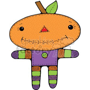 This clipart image features a cute and whimsical character that combines elements of Halloween iconography. The character has the appearance of a pumpkin with a face, symbolized by stitched features, an orange complexion, and a green leaf sticking out of the top, like a stem. It also has a humanoid body with a purple shirt adorned with a button, and striped arms and legs that are green, purple, and white, giving it a playful, monster-like quality. This character is likely designed to capture the fun and imaginative spirit of Halloween.