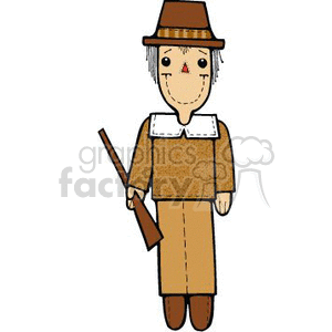 This clipart image shows a cartoon of a scarecrow typically associated with fall or harvest themes. The scarecrow is dressed in autumn colors, with a brown hat and outfit, a light shirt with a frilly collar, and is holding a brown stick.