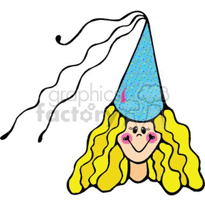 The image appears to be a simple clipart depicting a character with yellow hair, possibly inspired by a fairy princess or a tooth fairy, given the keywords provided. The character is wearing a cone-shaped hat with dots and a curling ribbon attached to the top. The character has pink cheeks and a happy expression.
