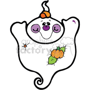 The clipart image features a cartoon ghost with a friendly and silly expression. It has purple spots for cheeks, purple eyes with black pupils, and a small smiling mouth. Atop its head sits a tiny orange pumpkin with a green stem. To the left of the ghost, there is a small spider, and on the right side, there are two patches—one with green leaves and the other with orange berries and green leaves, which may suggest the ghost is whimsical rather than scary. The ghost's arms are raised in a classic spooky pose and its tail spirals at the end.