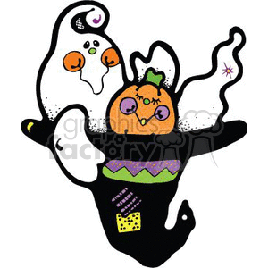 The image depicts a Halloween-themed clipart featuring a playful ghost inside a witches hat with a decorated pumpkin. The pumpkin appears to be styled with facial features and a small hat, giving it a whimsical character. 