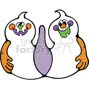 The clipart image features two cartoon-style ghosts. Each ghost has playful and friendly facial expressions, with large eyes and a smiling mouth. They both have colorful appendages that look like hands with orange and purple speckles and a spatter pattern. The ghosts are depicted with a surreal design where their bodies merge into a single shared shape in the middle. The background of the image is white.