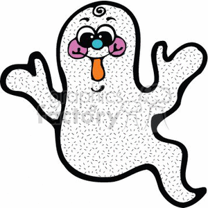 The clipart image depicts a cute, cartoon-style ghost. The ghost has a friendly appearance with wide eyes, a round blue nose, and an orange tongue sticking out. Its arms are raised as if it's trying to scare someone in a playful manner. The illustration has a simple, hand-drawn feel with a shaggy outline, giving it an approachable and whimsical look suitable for festive Halloween decorations or invitations.