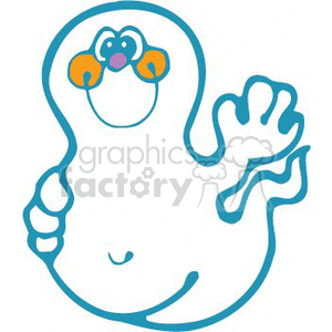 The image depicts a cute and friendly-looking ghost cartoon character. It has a cheerful face, with prominent, rounded eyes and an orange nose, giving the appearance it's waving its hand in a hello gesture. The ghost appears to be floating, and the outline has a blue color, adding to the playful character of the clipart.