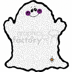 This clipart image depicts a whimsical, friendly-looking ghost with a playful facial expression. It has circular eyes with swirly purple cheeks, and a happy, curved mouth. The ghost is surrounded by a rough, black outline that gives it a sketchy feel. The overall vibe of the image is in line with Halloween festivities but with a cheerful and non-threatening appearance.