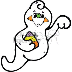 The image depicts a cartoon ghost with a cute and whimsical expression, hinting at a Halloween theme. The ghost has large, expressive eyes, and a green nose, with a small closed mouth. It is holding a piece of candy corn in one hand, and its other hand is raised as if to wave or gesture.  The ghost's outline and details are drawn in black, allowing the colors of the eyes and candy corn to stand out.