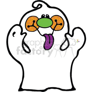 The image shows a cartoonish, friendly-looking ghost. It appears to be floating with its arms raised. The ghost has a surprised or excited facial expression with large, green eyes and a purple tongue sticking out. Its eyes feature orange speckles, adding a quirky touch to its appearance.