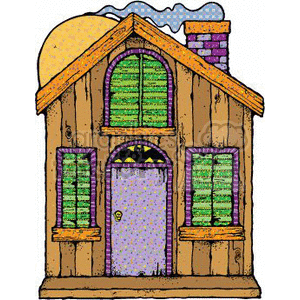 The clipart image features a spooky, cartoon-style haunted house. The house has an eerie yellow glow, with mismatched green shutters on the windows, giving off a classic haunted appearance that's perfect for Halloween-themed projects.