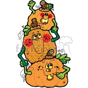 The clipart image shows a stack of three animated Halloween pumpkins, each with a distinct facial expression. From top to bottom, these pumpkins have features like playful eyes, visible tongues, and hands made from vine-like stems. Each pumpkin also has small details like leaves, vines, and stems, which add a whimsical touch to the design. The pumpkins appear to be designed with a fun and friendly look rather than being scary.